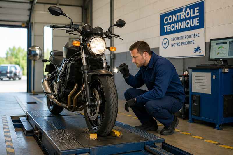 Moto inspectée dans un centre de contrôle technique